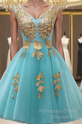 Custom Made A Line V Neck Light Blue Short Tulle Semi Formal Prom Dresses, Short Bridesmaid Dresses, Homecoming Dress, Graduation Dresses